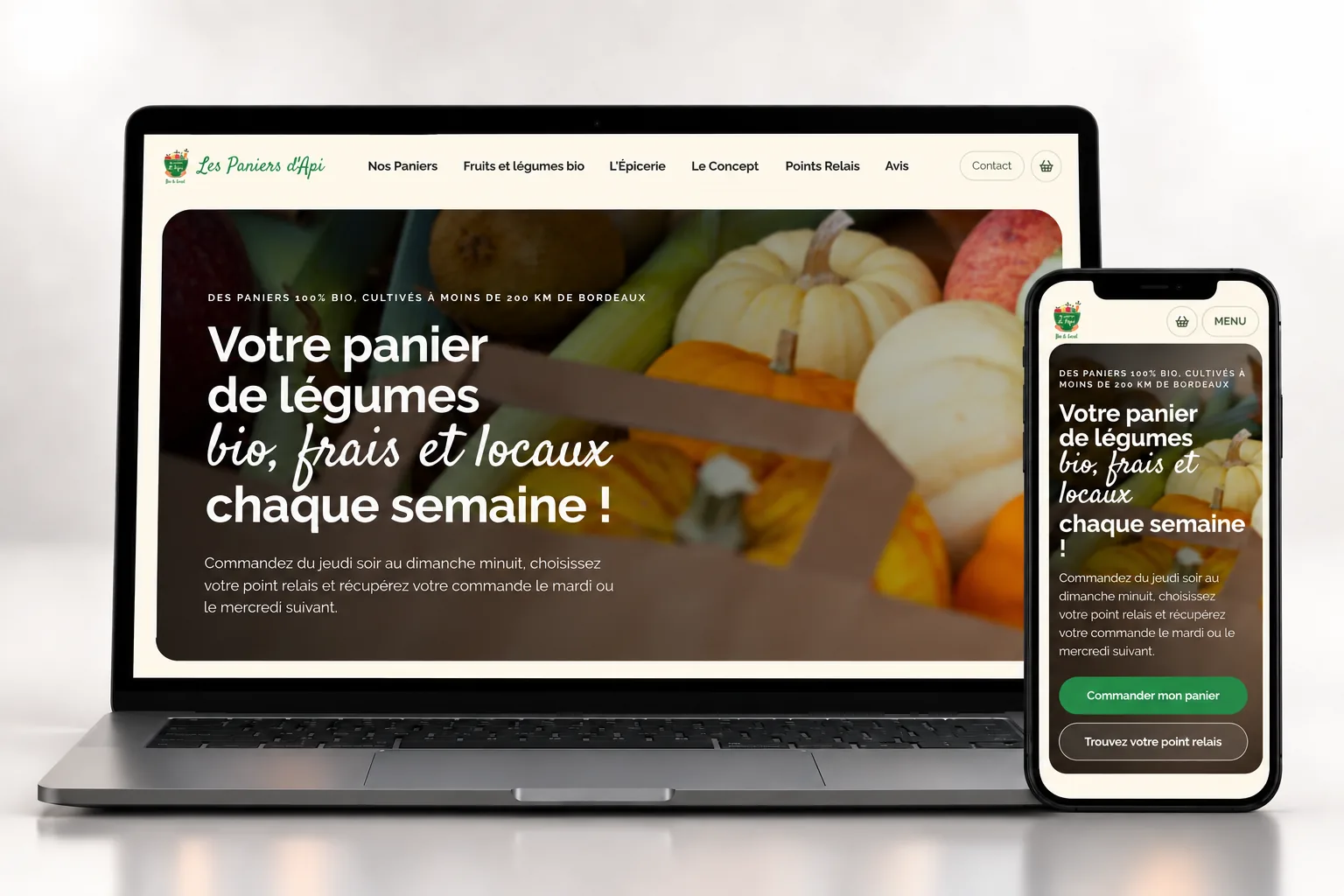 Mockup du site Les Paniers d'Api sur ordinateur et mobile